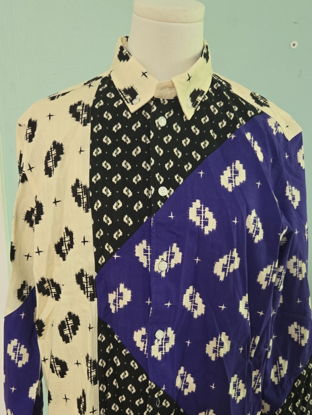 Kenzo Men's Cream, Black & Blue Geometric Patchwork Button-Down Shirt